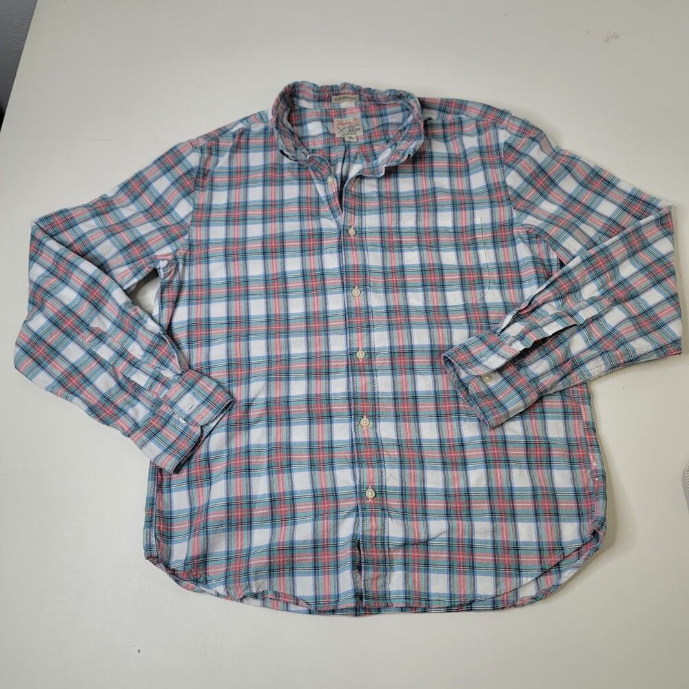 J.Crew Classic Broken-In Oxford Men’s M Red Navy Plaid 100% Cotton Slim Untucked
